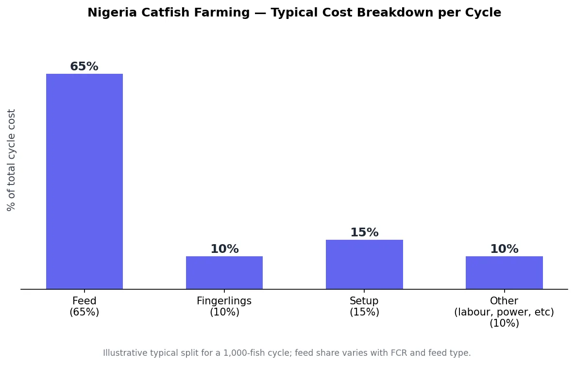Bar chart of typical cost breakdown for a Nigeria catfish farming cycle: feed, fingerlings, setup, and other costs