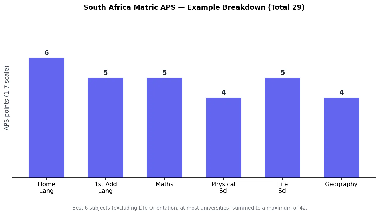 Bar chart of a South Africa matric APS score breakdown across six subjects